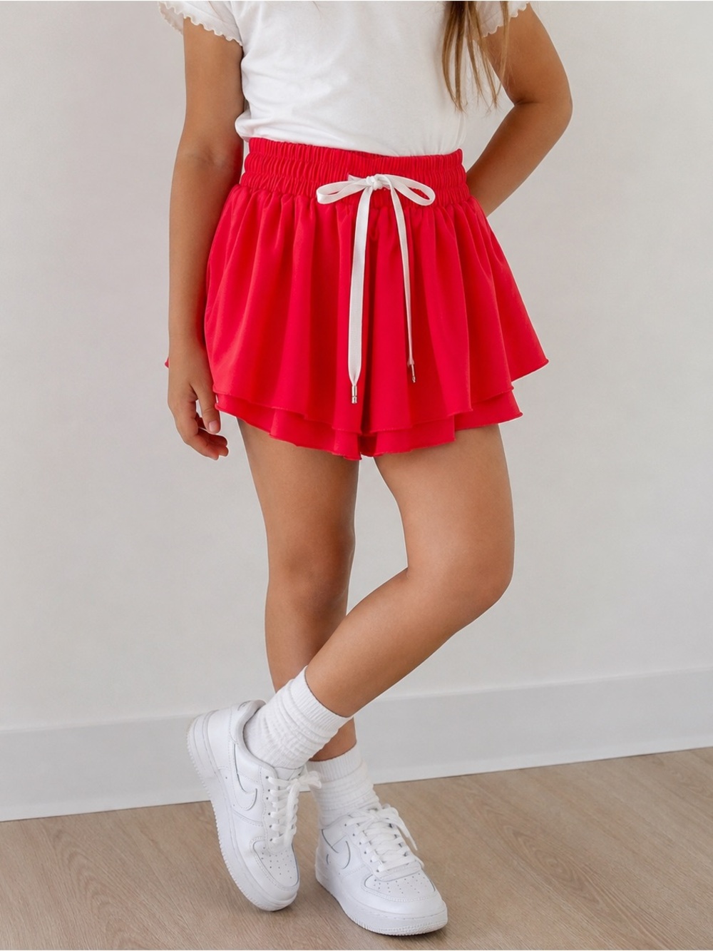 KatieJ NYC Girls Red Solid Flare Skort S White Drawstring Bow Elastic Waist